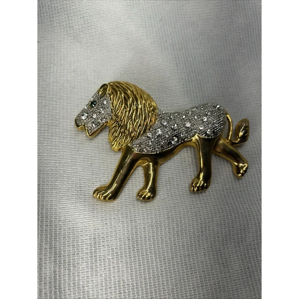Large Vintage Lion Rhinestone Brooch Pin Gold Tone Pave Crystal Big Cat